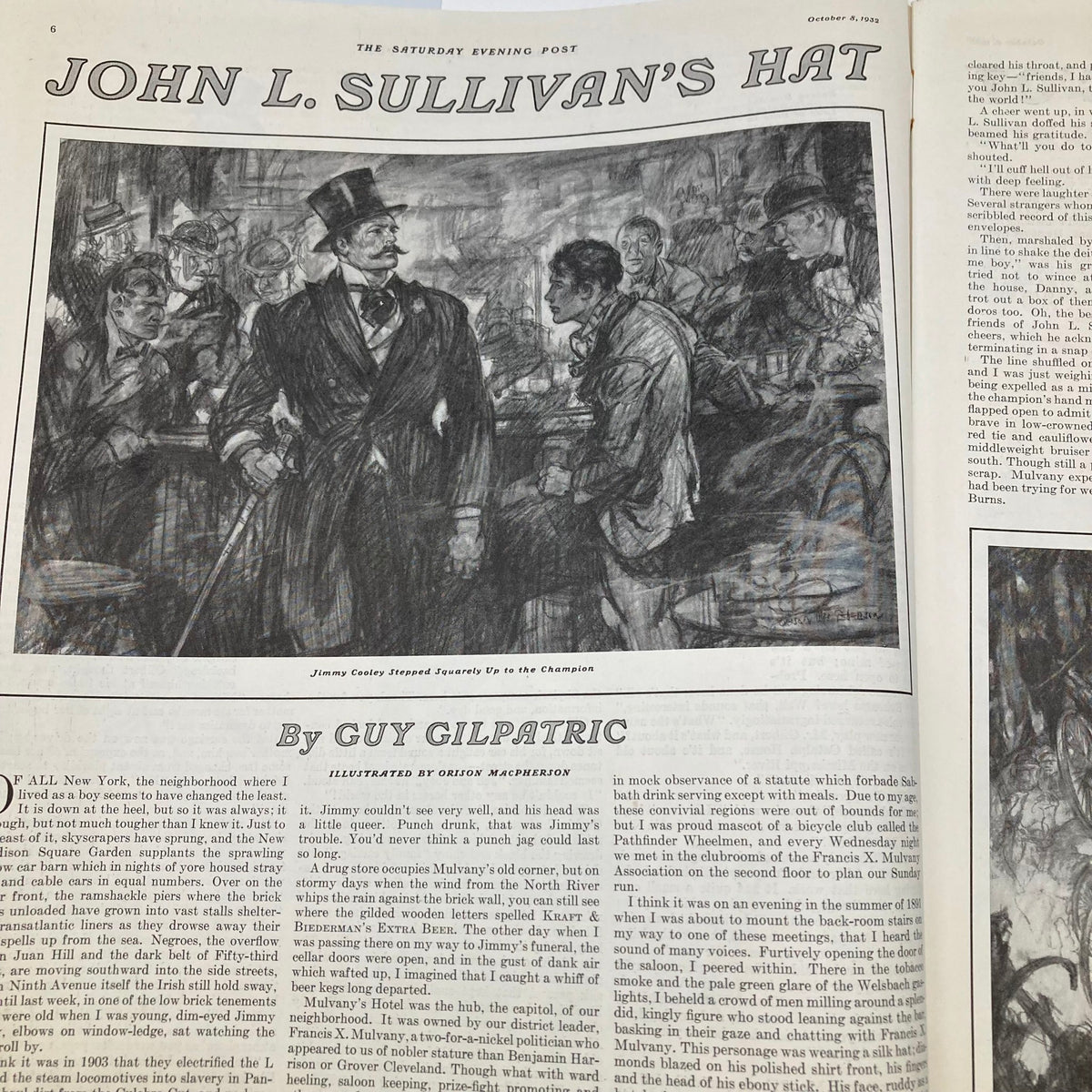 Interior page of the VTG The Saturday Evening Post Magazine dated October 8, 1932, featuring an illustration for the story 'John L. Sullivan's Hat'.