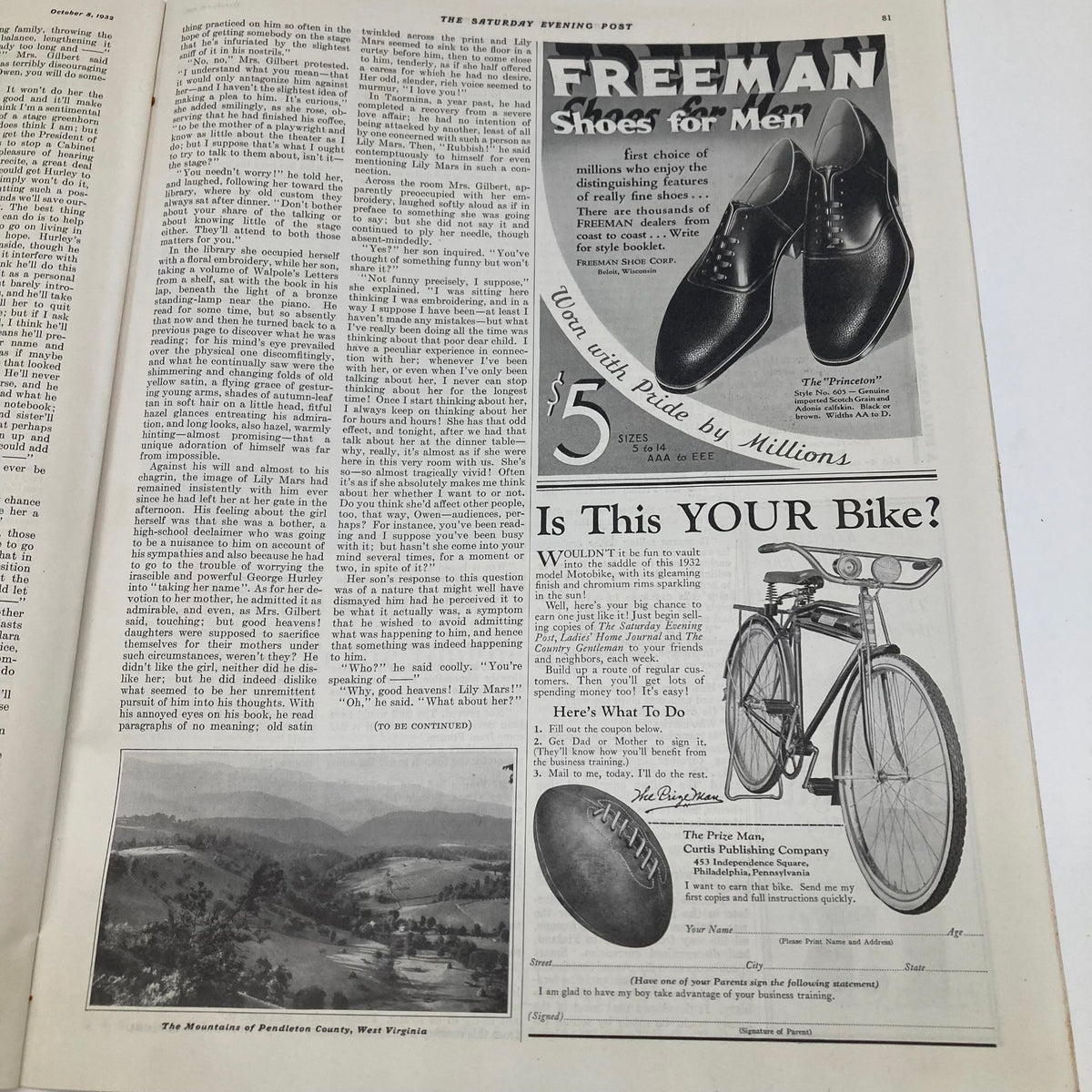 Advertising page featuring Freeman Shoes and a bicycle from VTG The Saturday Evening Post Magazine October 8, 1932, highlighting vintage products with captivating ads and engaging design.