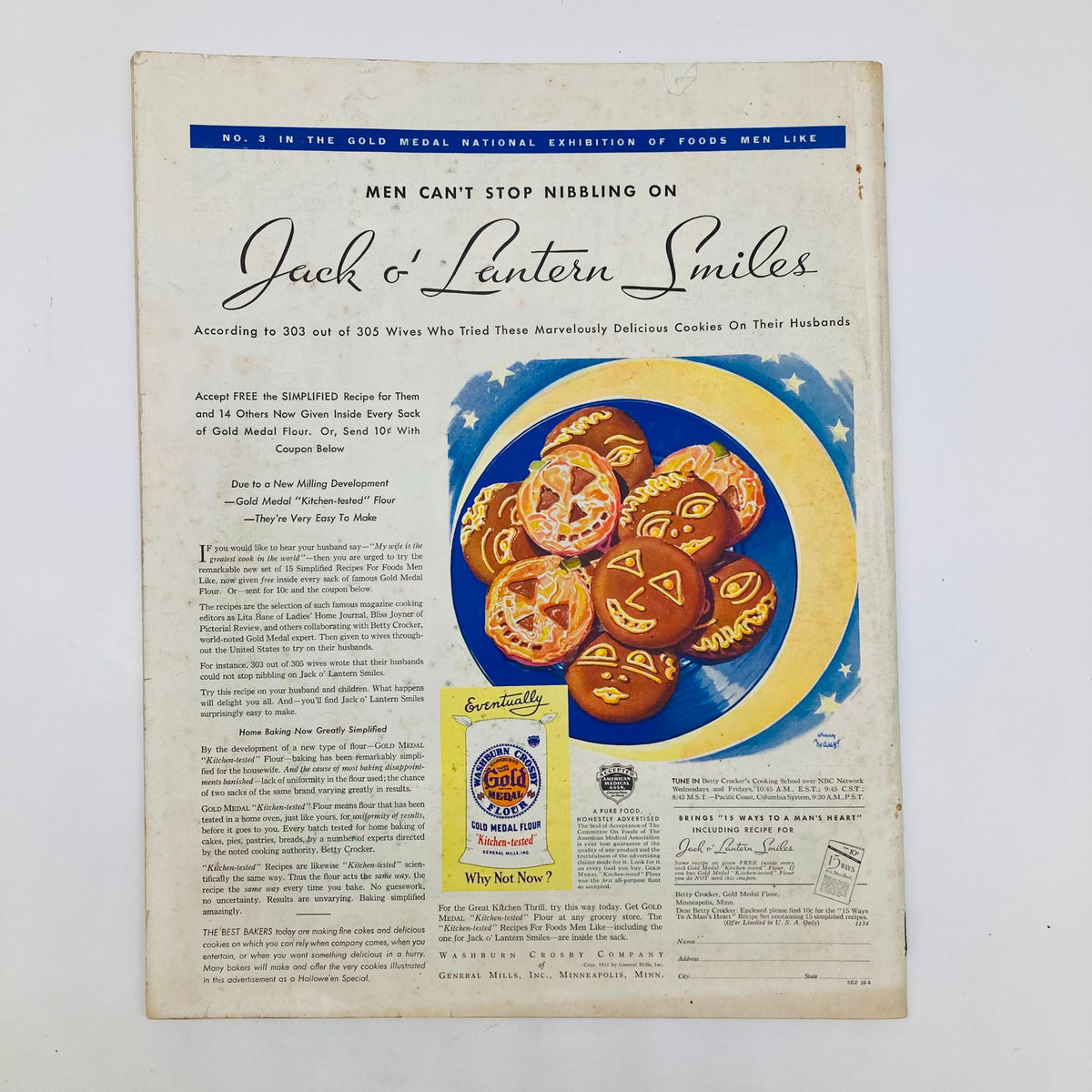 Men Can't Stop Nibbling on Jack O' Lantern Smiles advertisement from VTG The Saturday Evening Post Magazine October 8, 1932, presenting a recipe and delightful cookie illustrations, enriching the magazine's nostalgic appeal.