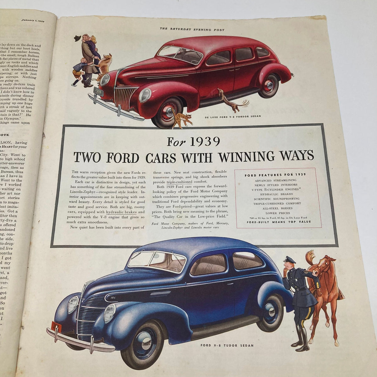 Vintage advertisement for Ford cars from the Saturday Evening Post magazine dated January 7, 1939, showcasing two Ford models with details on their features and the promotion of automobile technology of the era.