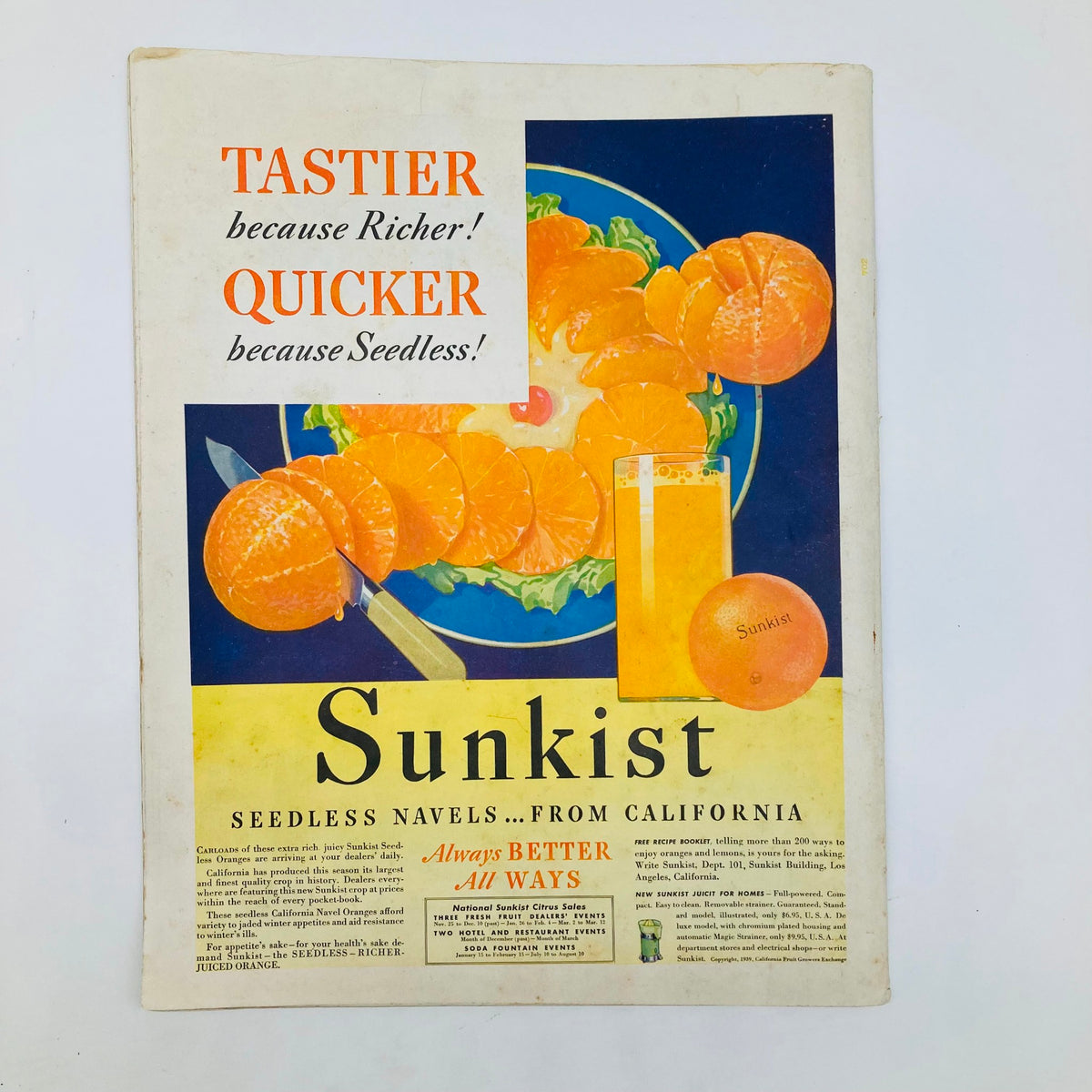 Advertisement for Sunkist oranges from the Saturday Evening Post magazine dated January 7, 1939, featuring a colorful depiction of seedless oranges and a glass of orange juice, highlighting the product's qualities.