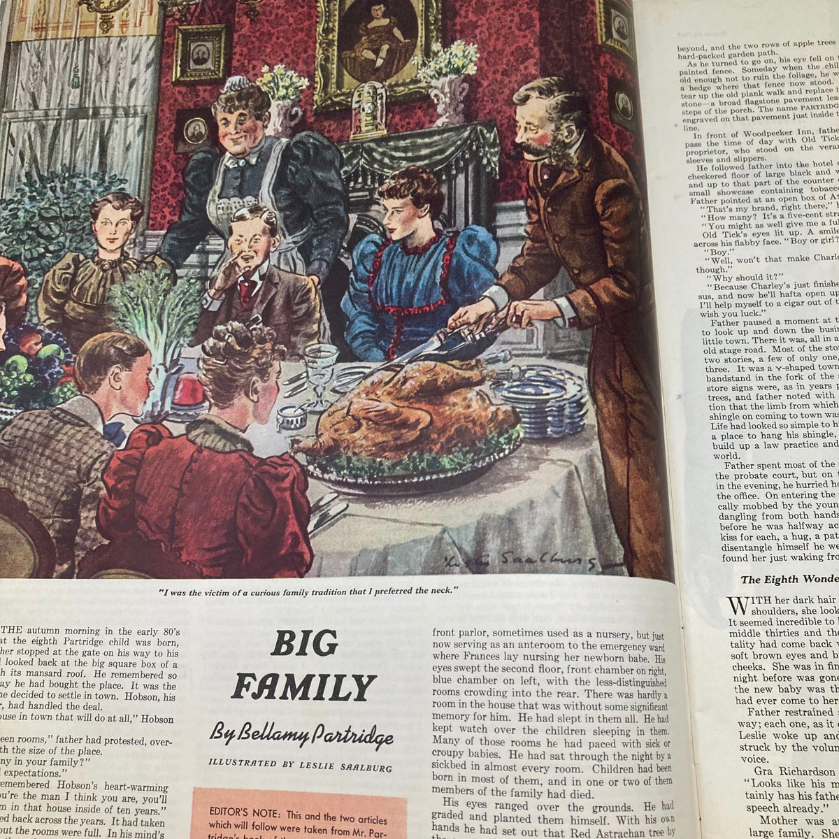 Illustration titled 'Big Family' from the Saturday Evening Post, August 30, 1941, depicting a warm family gathering around a dinner table with a turkey centerpiece.