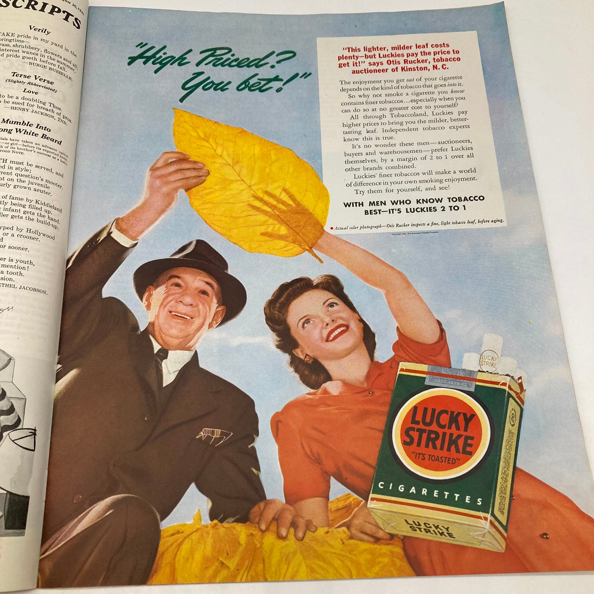 Vintage advertisement in the Saturday Evening Post, August 30, 1941, featuring a couple promoting Lucky Strike cigarettes with humor and style.