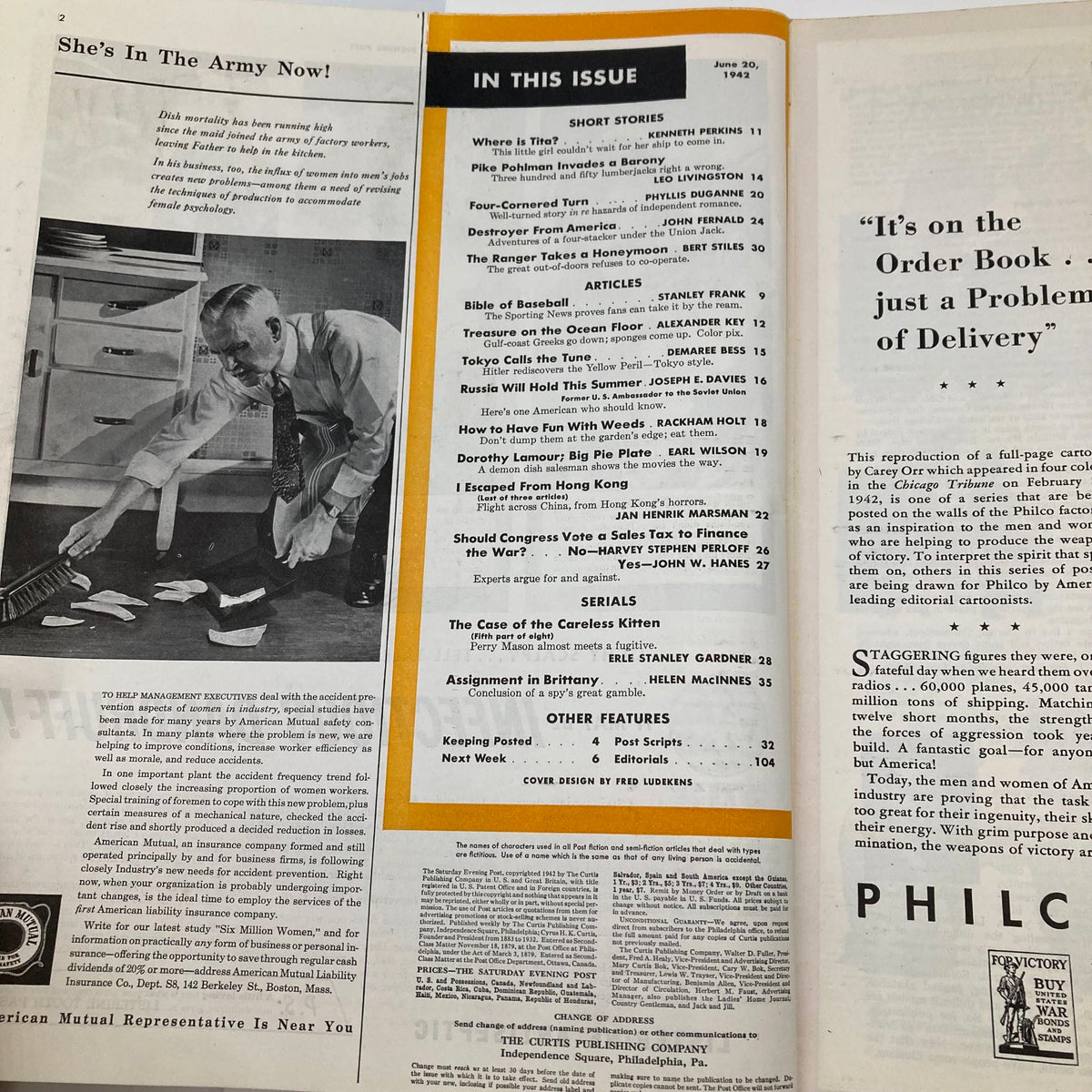 Inside page of Saturday Evening Post June 20 1942 showcasing the table of contents and articles including 'Bible of Baseball'.