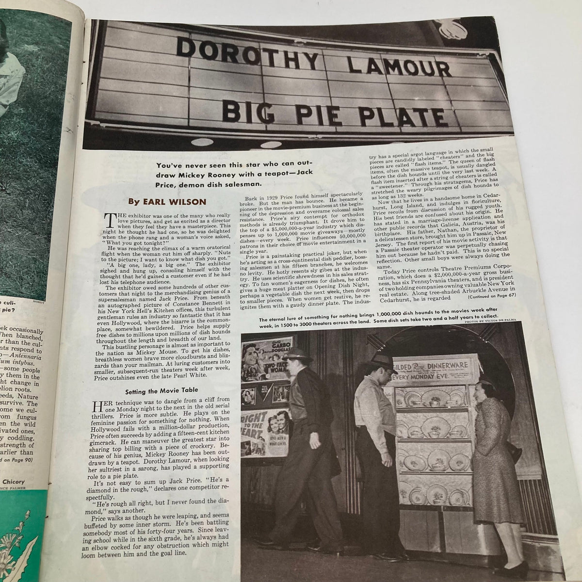 Page from Saturday Evening Post June 20 1942 featuring an article by Earl Wilson with a visual of a movie theater sign indicating 'Dorothy Lamour in Big Pie Plate'.