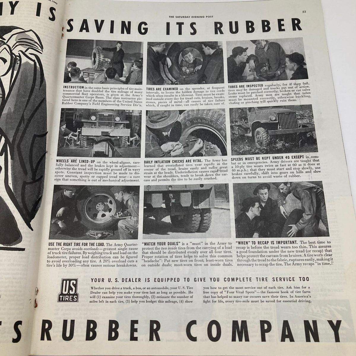 Instructional page from Saturday Evening Post June 20 1942 titled 'Saving Its Rubber', featuring tips for tire maintenance and safety.