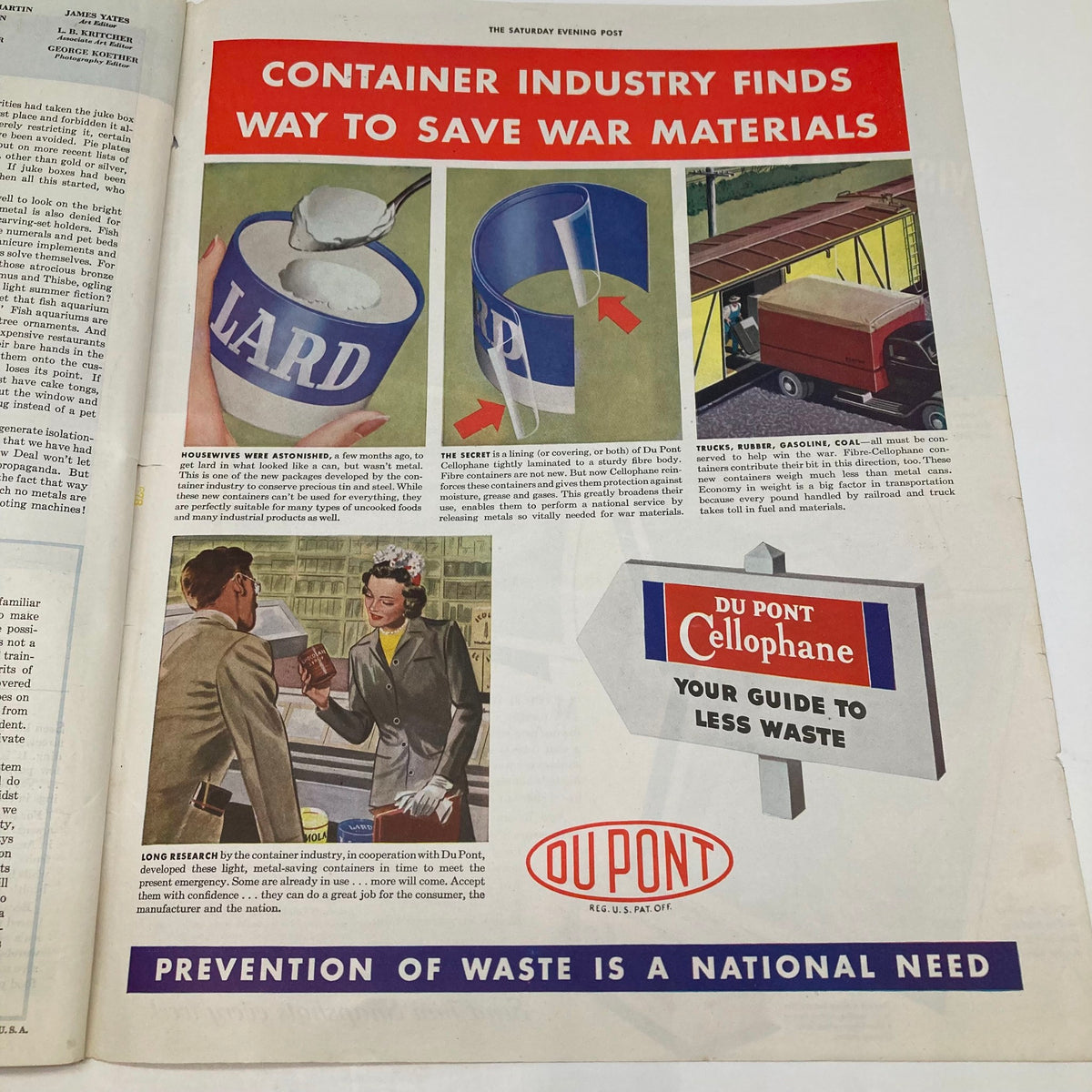 Advertisement from the Saturday Evening Post showing innovative container industry practices during World War II to save war materials, featuring illustrations of lard containers and trucks.