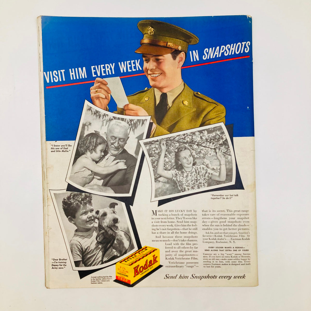 Kodak advertisement from the Saturday Evening Post encouraging families to send snapshots to loved ones in the military, featuring a soldier and nostalgic family photos.