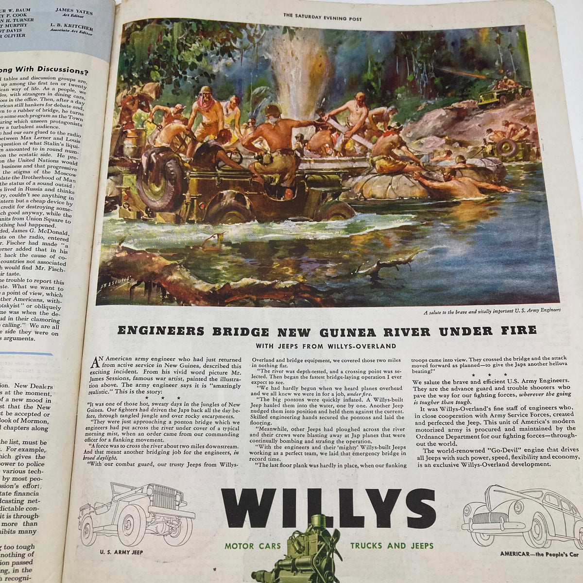 Saturday Evening Post Illustrated Cover Magazine June 26 1943 depicting U.S. Army Engineers constructing a bridge over a river in New Guinea, illustrating the challenges of war and teamwork.