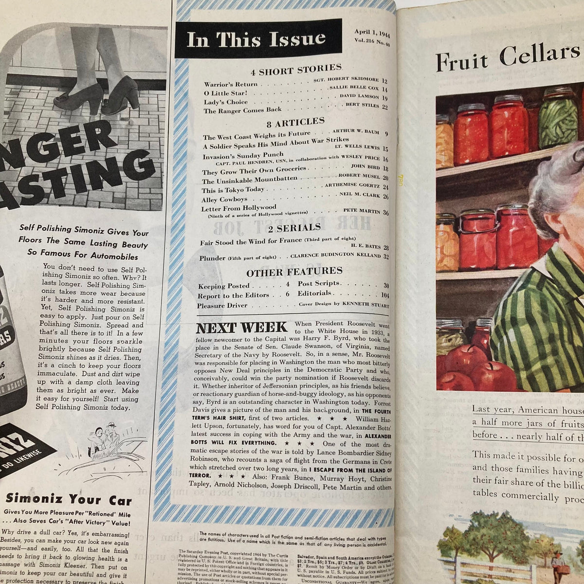 Inside spread of Saturday Evening Post Magazine April 1 1944 detailing articles, including 'The West Coast Weighs its Future.'