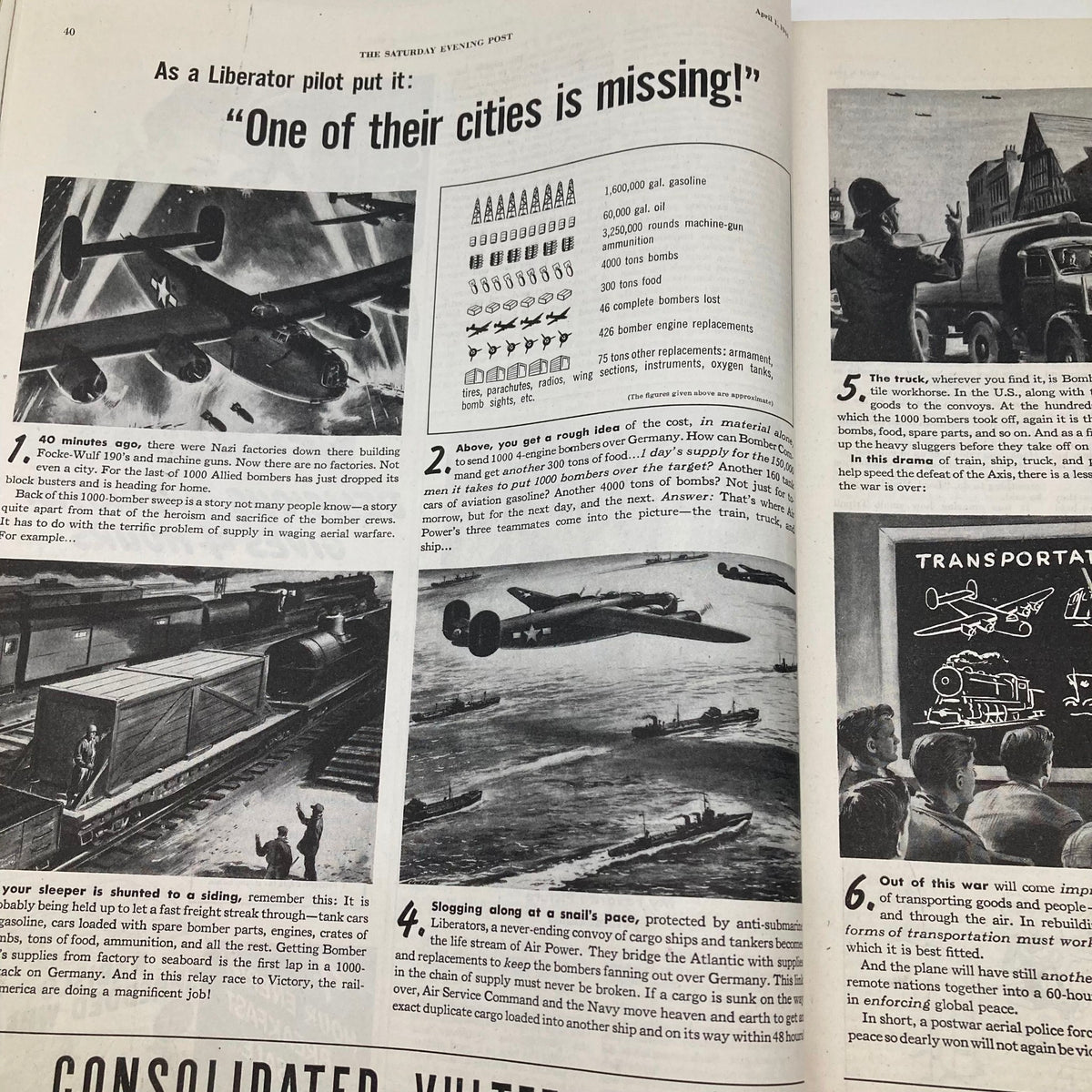 Page from Saturday Evening Post Magazine featuring wartime illustrations and text titled 'As a Liberator pilot put it: One of their cities is missing!' depicting World War II bomber aircraft and supply lines.
