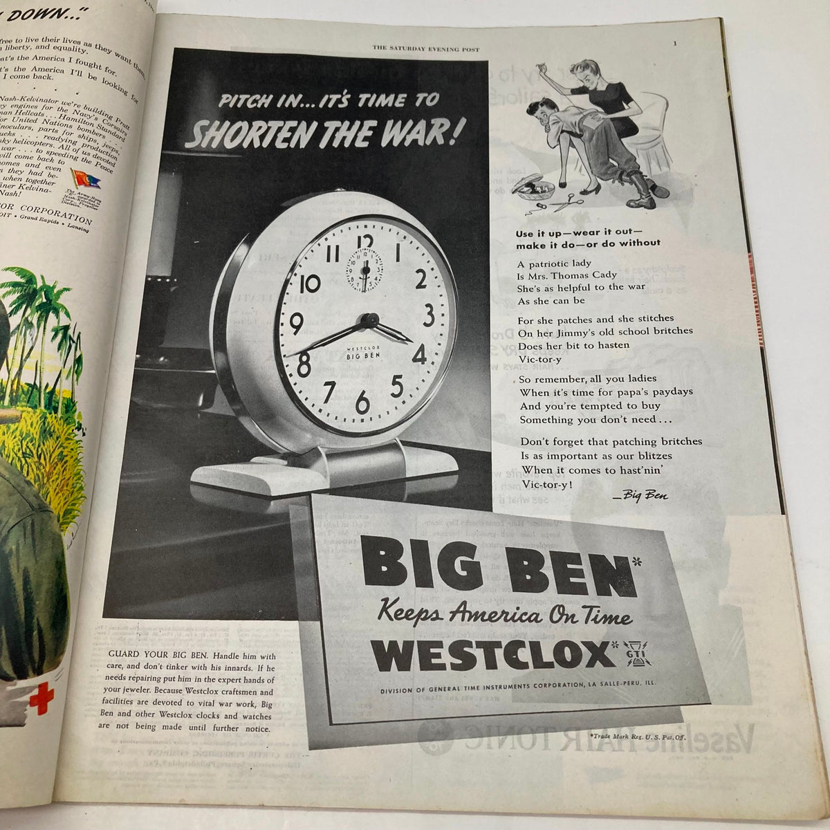 Saturday Evening Post Magazine with an advertisement for Big Ben clocks in a black and white design, promoting the message to shorten the war, showcasing 1940s American life.