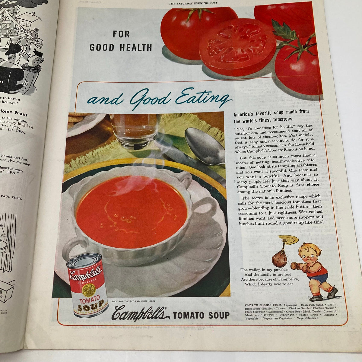 Saturday Evening Post Magazine featuring a vibrant advertisement for Campbell's Tomato Soup, highlighting the nutritional benefits of tomatoes, surrounded by a bowl of steaming soup.