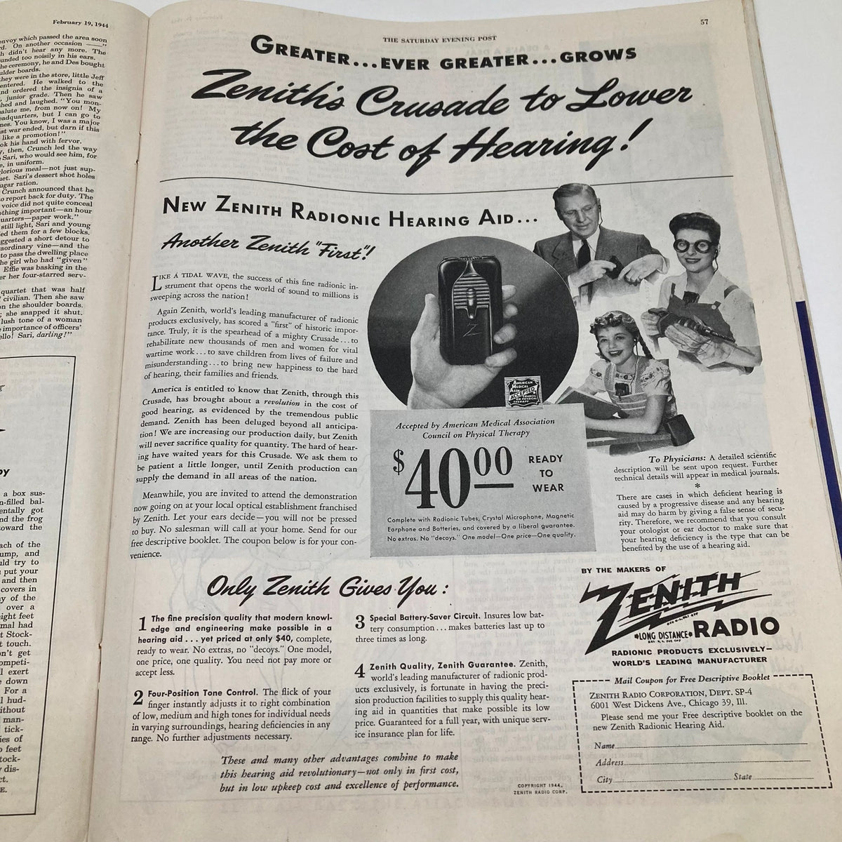 Saturday Evening Post Magazine ad showcasing Zenith Radionic Hearing Aid, presenting its features and pricing, reflecting advancements in technology in the 1940s.