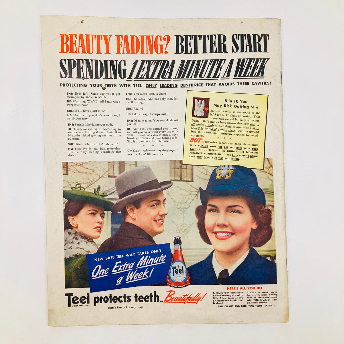Saturday Evening Post Illustrated Cover February 19 1944 Mr. President showcasing a retro advertisement for Teel dentifrice, highlighting beauty and dental care tips from the 1940s.