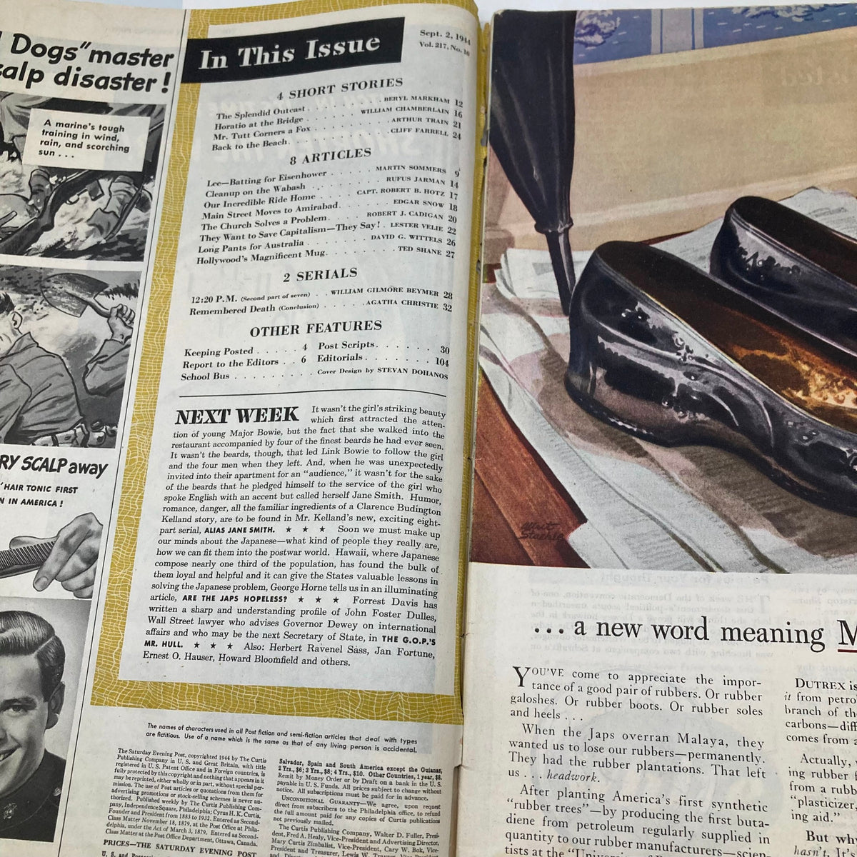 Inside spread of Saturday Evening Post Illustrated Magazine from September 2, 1944, showcasing the index page listing articles, stories, and features, providing a glimpse into the magazine's varied content.