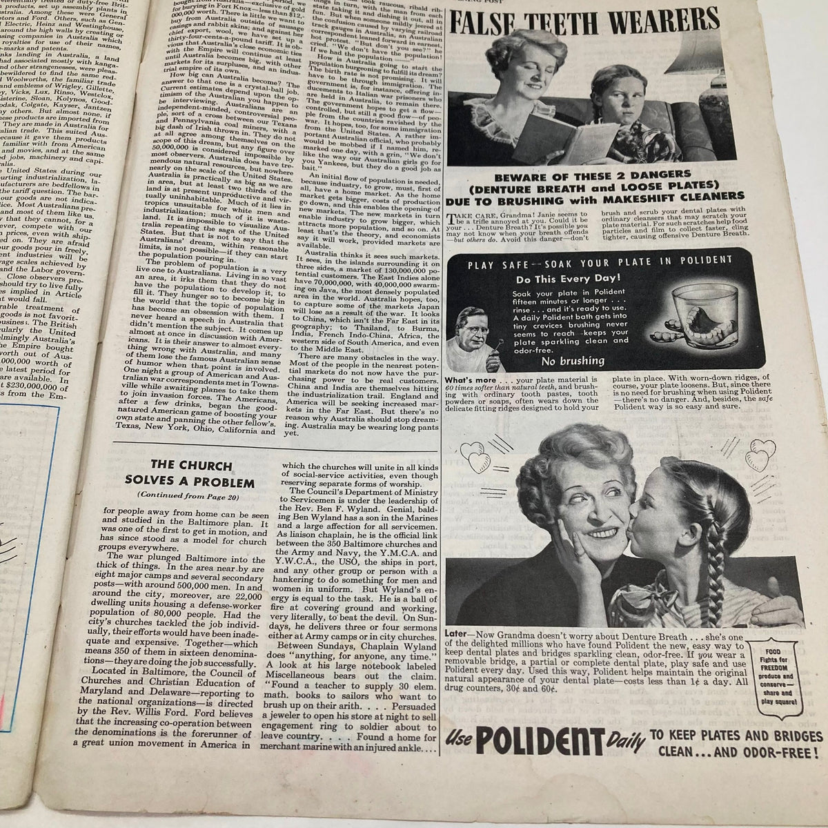 Interior page of the Saturday Evening Post Illustrated Cover Magazine September 2 1944 with articles on social issues and advertisements, providing a glimpse into 1940s American culture.
