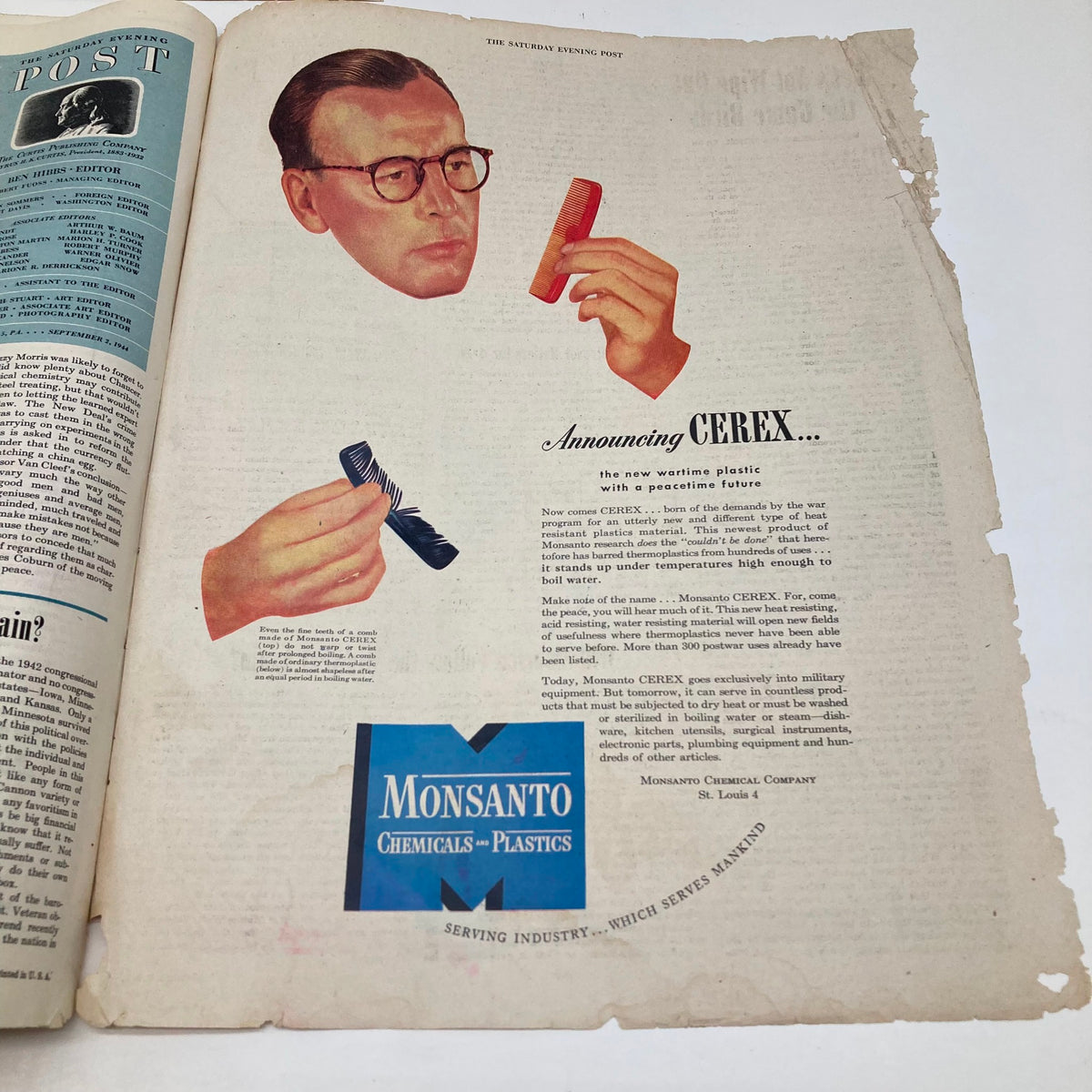 Another interior page of the Saturday Evening Post Illustrated Cover Magazine September 2 1944 showcasing an advertisement for Cerex, a new wartime plastic product, highlighting advancements in materials.
