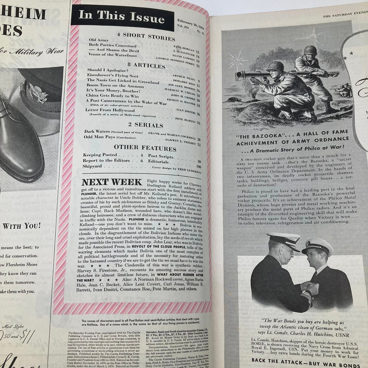 Inside page from Saturday Evening Post Illustrated Cover Magazine February 26, 1944, showcasing short stories, articles, and features, transporting readers to a historic era.
