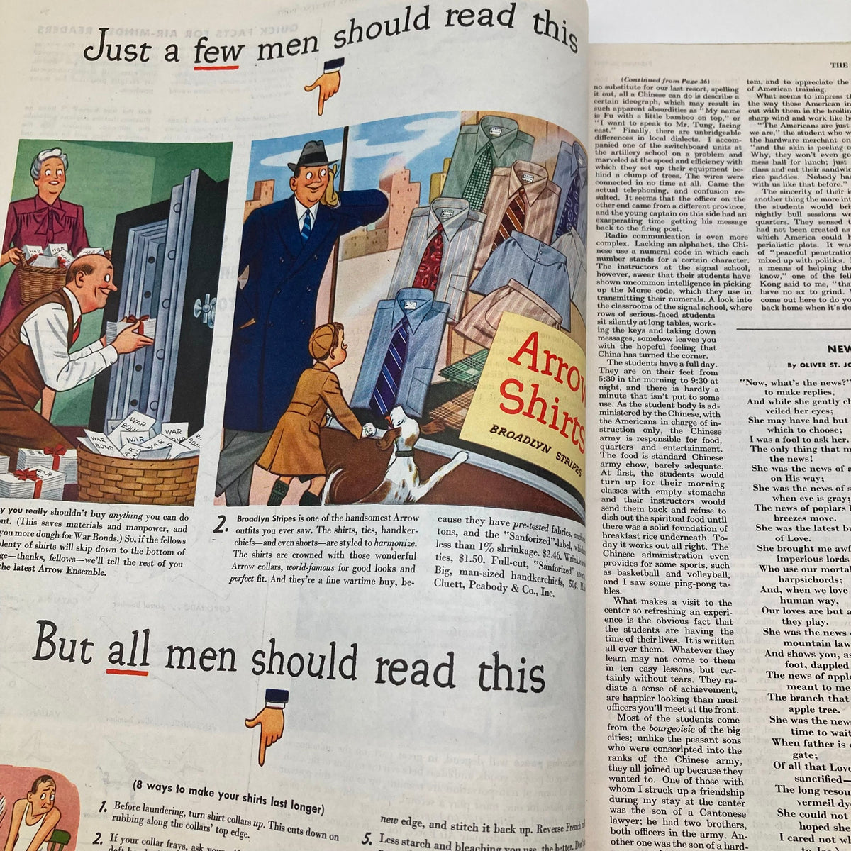 Advertisment page from Saturday Evening Post Illustrated Cover Magazine February 26, 1944, featuring Arrow Shirts with engaging illustrations emphasizing quality.