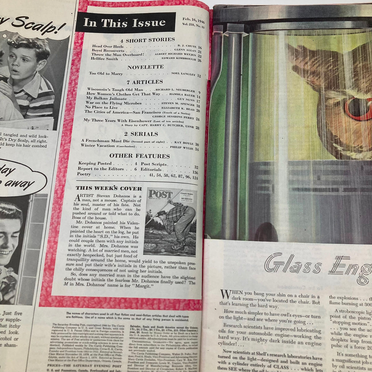 Inside pages of Saturday Evening Post Magazine February 16, 1946 showcasing the table of contents, including featured articles and stories with a focus on the illustrated cover by Stevan Dohanos.
