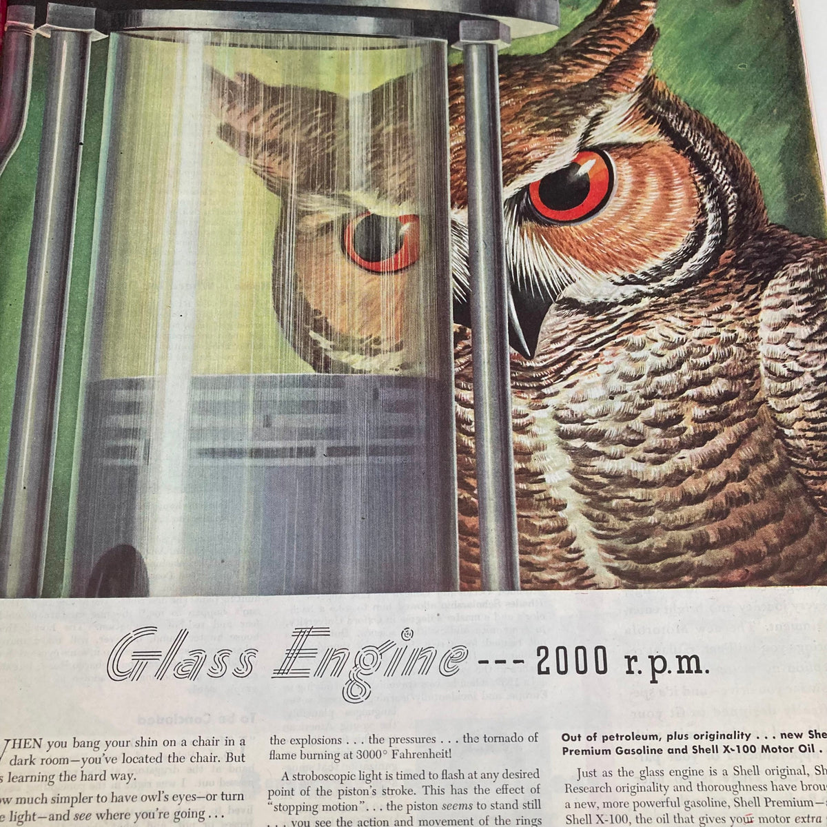Close-up of an interior page from Saturday Evening Post Magazine February 16, 1946, featuring an illustration of an owl next to machinery, highlighting a feature titled 'Glass Engine.'