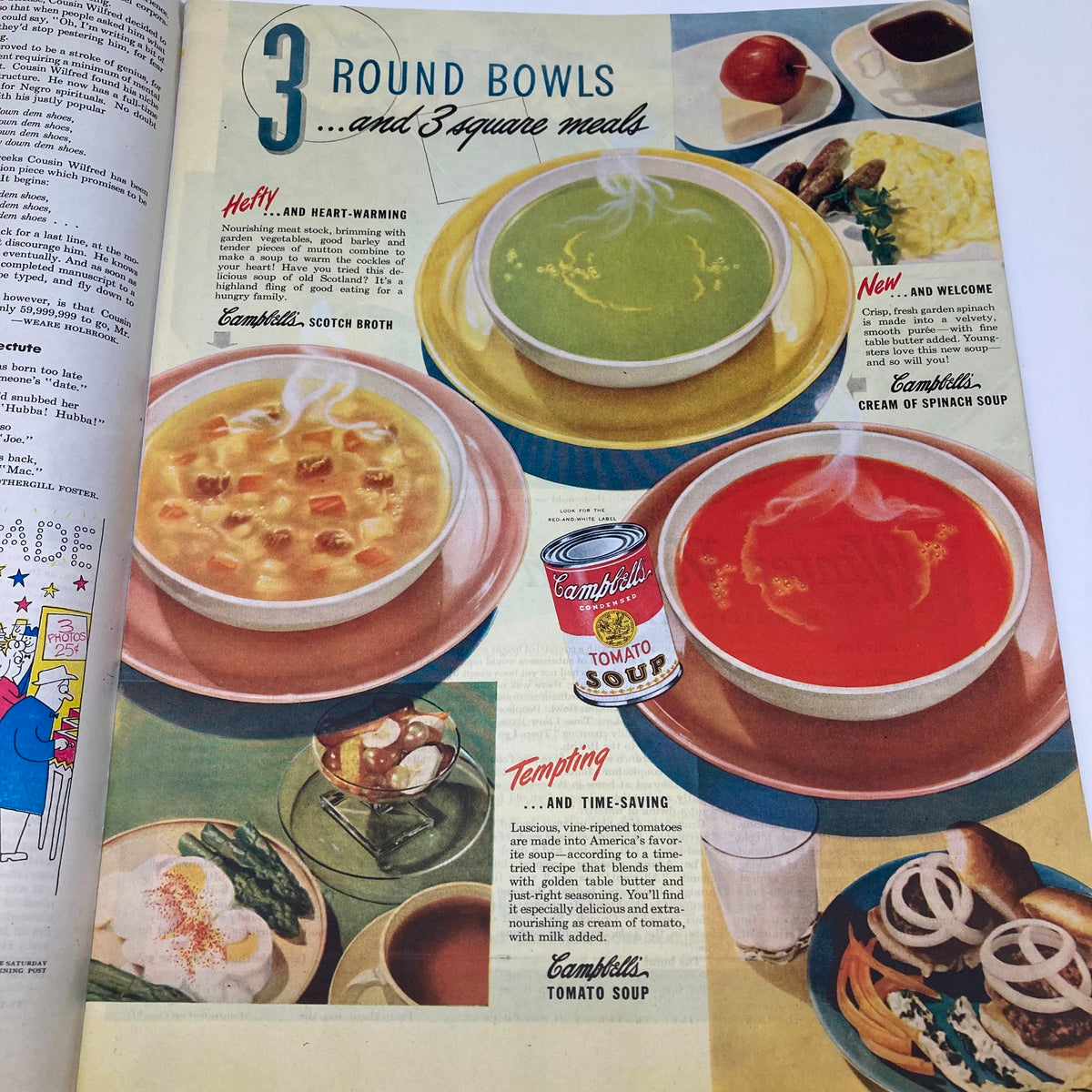Vintage advertisement showcasing Campbell's soups in various bowls alongside a Can of Campbell's Tomato Soup from the Saturday Evening Post Magazine February 16 1946.