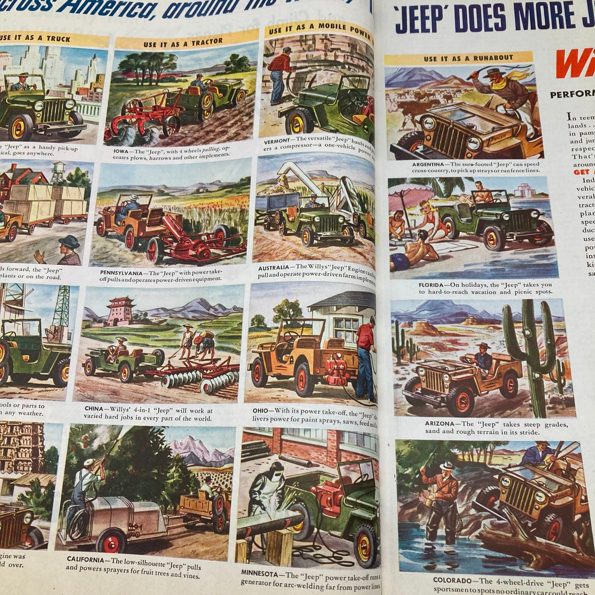Illustrations of the Willys 'Jeep' used across America in diverse functions, highlighting versatility in the Saturday Evening Post Magazine February 16 1946.