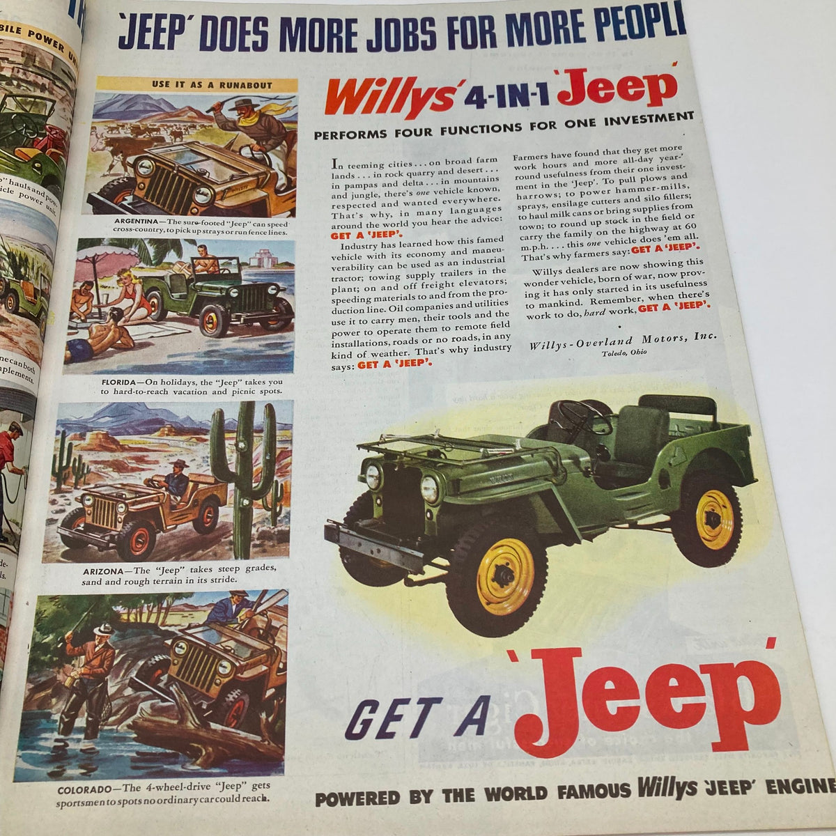 Advertisement promoting the Willys 4-in-1 'Jeep', emphasizing multi-functionality in farm work, from the Saturday Evening Post Magazine February 16 1946.