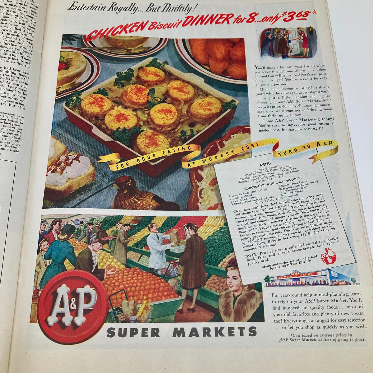 A&P Supermarkets promotion featuring a chicken biscuit dinner advertisement for eight, affordability emphasized in the Saturday Evening Post Magazine February 16 1946.