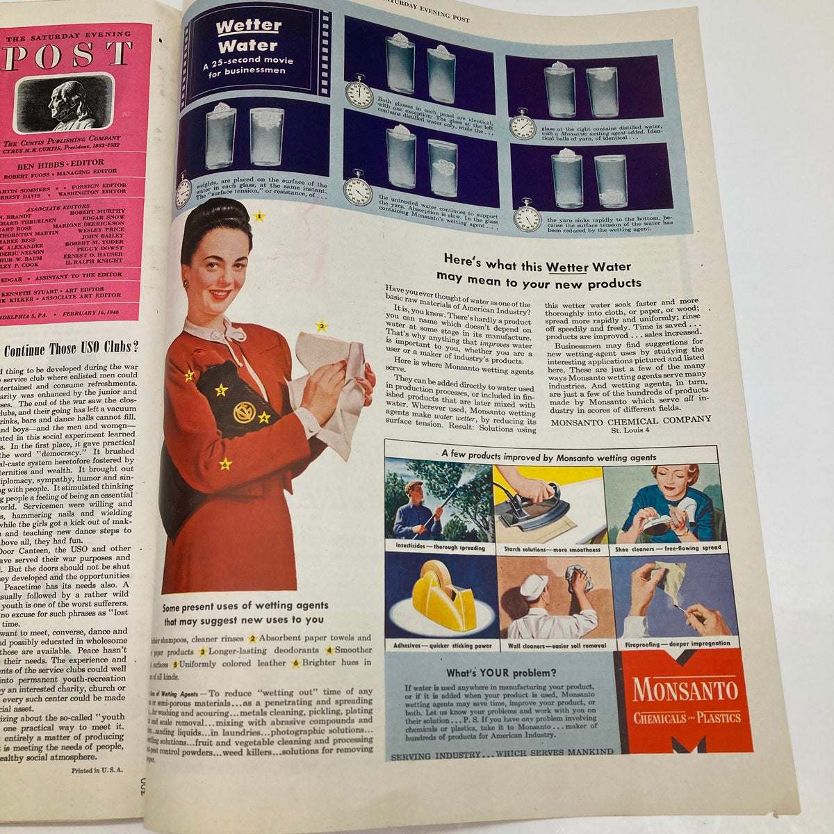 Innovative ad for Monsanto Chemicals, introducing 'Wetter Water' for improved product efficiency in the Saturday Evening Post Magazine February 16 1946.