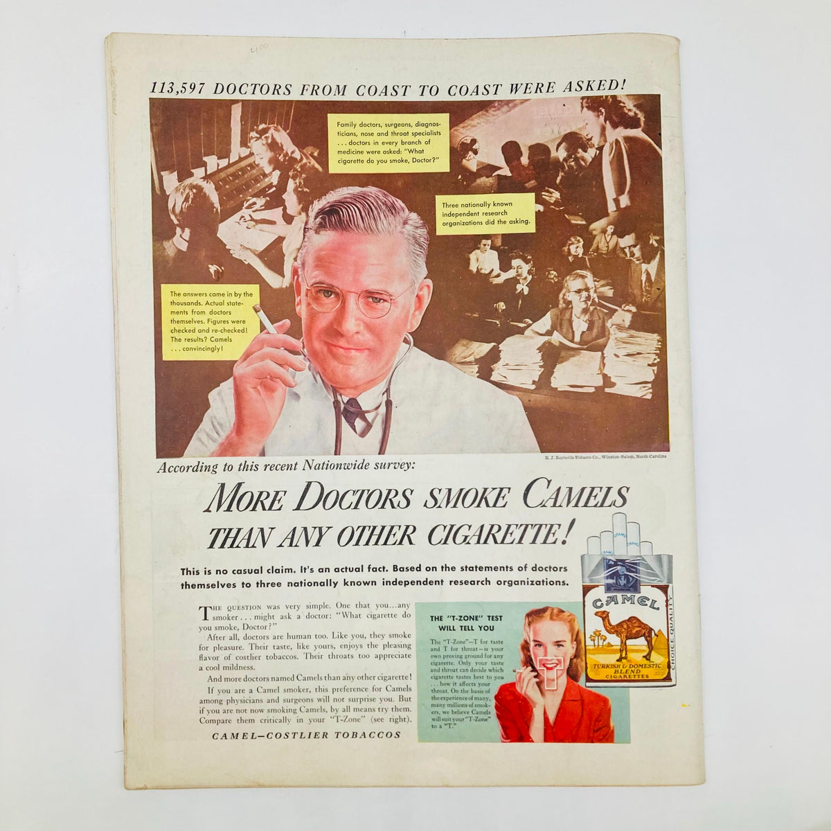 Vintage advertisement from the Saturday Evening Post Magazine February 16 1946 featuring a doctor promoting Camel cigarettes, alongside a survey claim that more doctors smoke Camels than any other cigarette.