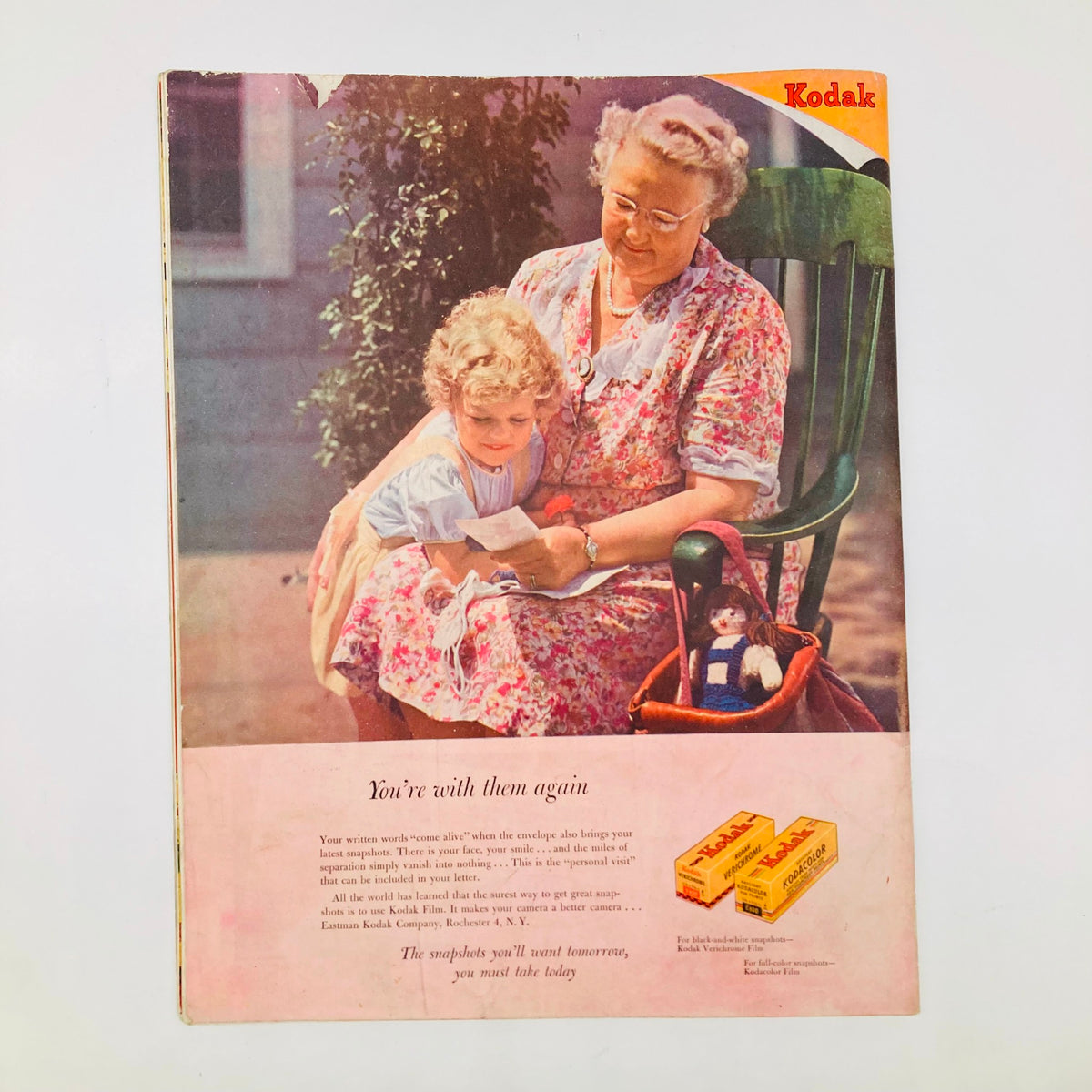 Back cover of The Saturday Evening Post Magazine August 10 1946 featuring a Kodak advertisement with a grandmother and child, promoting Kodak film and capturing memories.