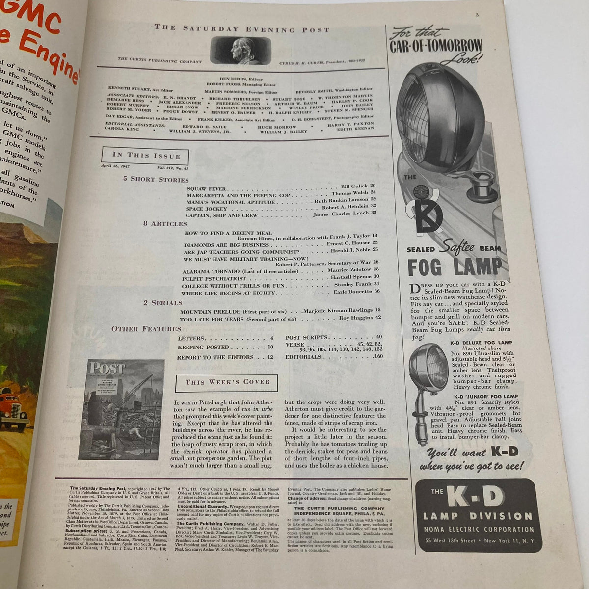 Interior page of the Saturday Evening Post Magazine April 26 1947 with a table of contents and advertisements showcasing articles and stories within the issue.