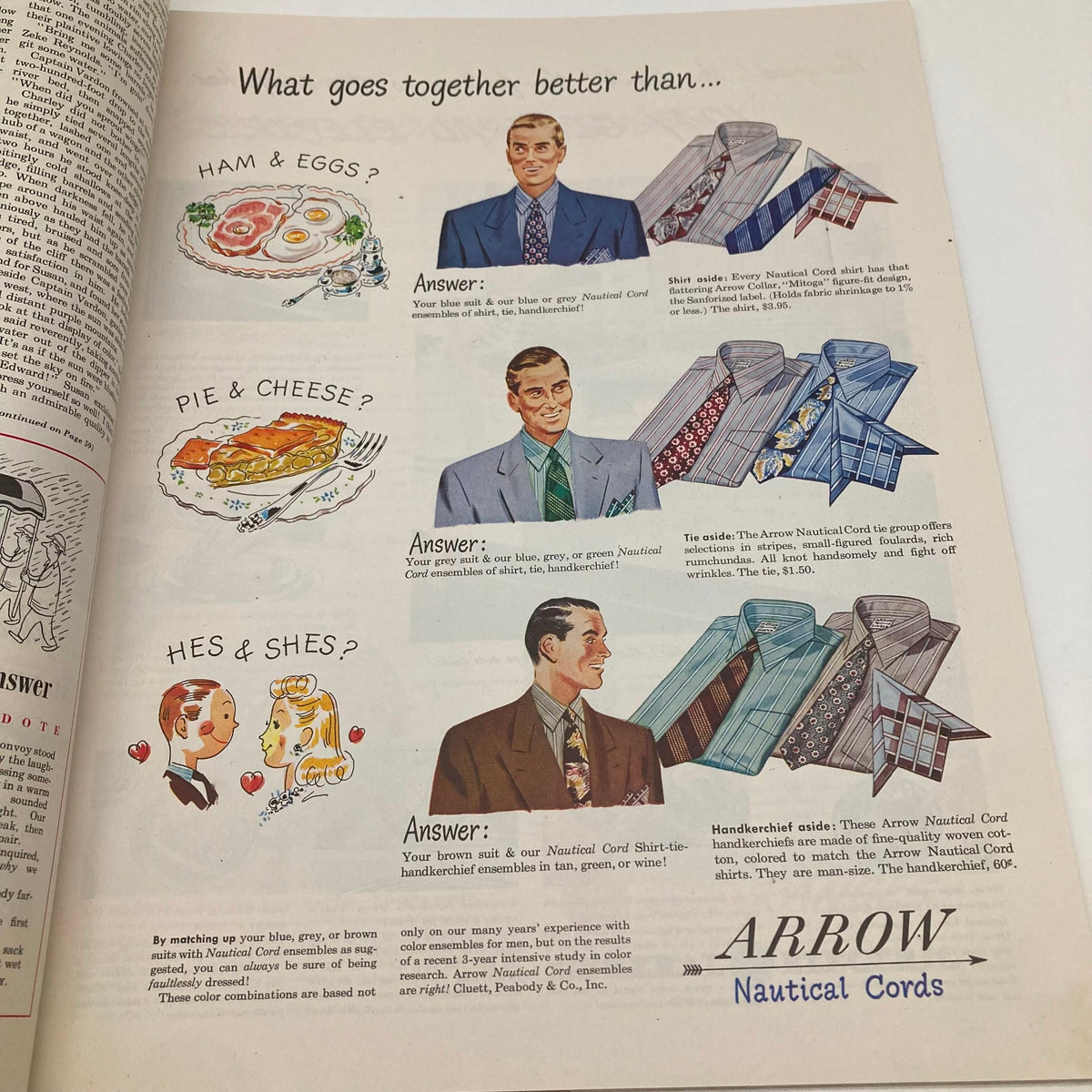 Page from the Saturday Evening Post Magazine April 26 1947 displaying an advertisement for the Arrow Nautical Cords, featuring stylish illustrations of men's shirts and ties.