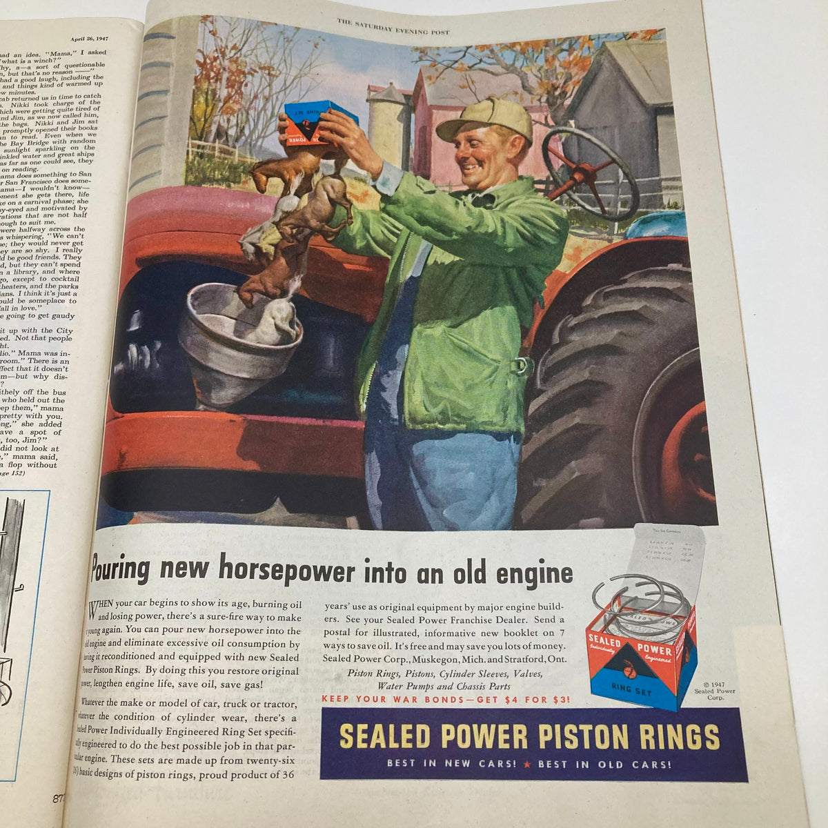 Advertisement from the Saturday Evening Post Magazine April 26 1947 promoting Sealed Power Piston Rings, featuring a smiling farmer and an illustration of a tractor, highlighting maintenance and restoration.