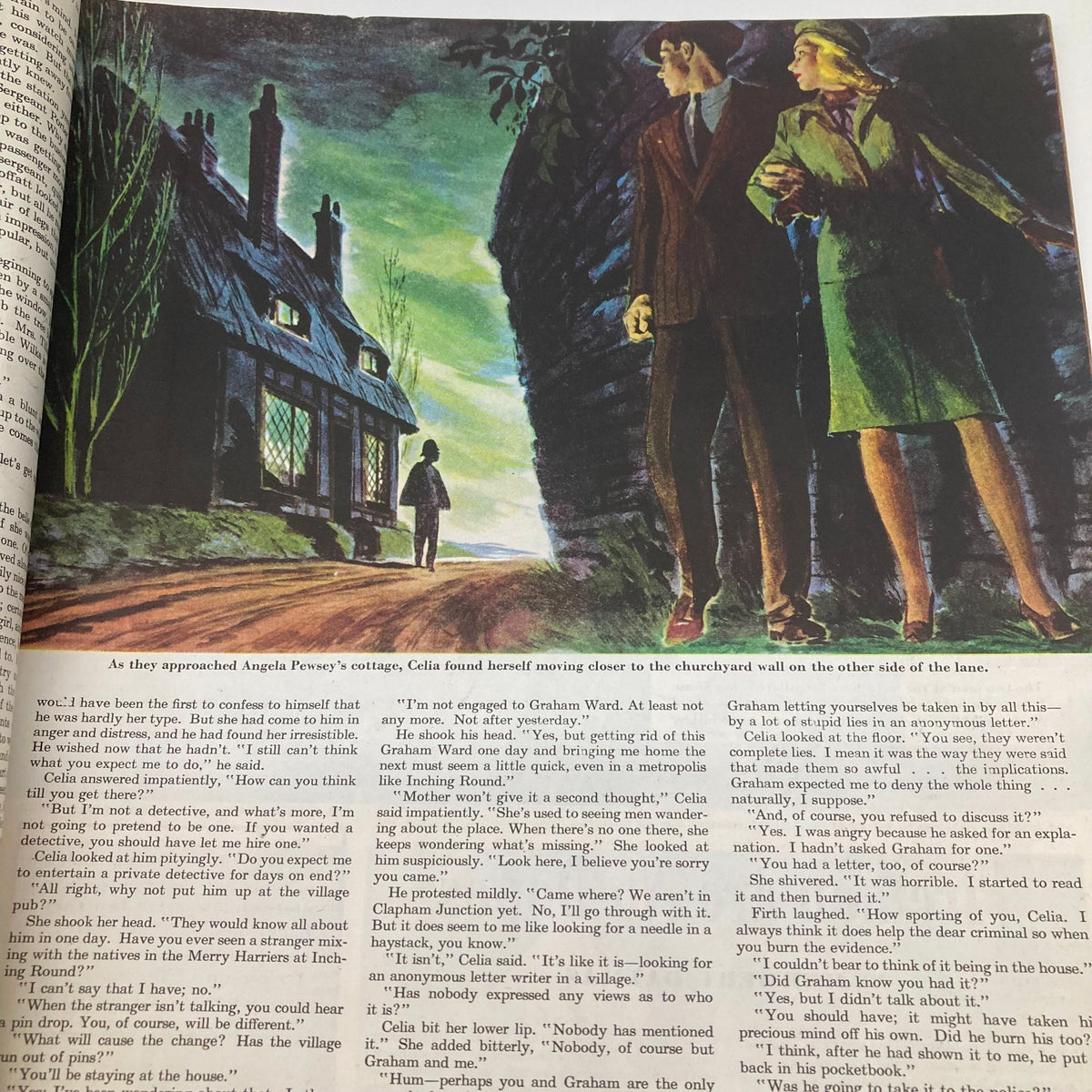 Illustrated story page from Saturday Evening Post Magazine July 12 1947 depicting a dramatic scene with characters approaching a cottage