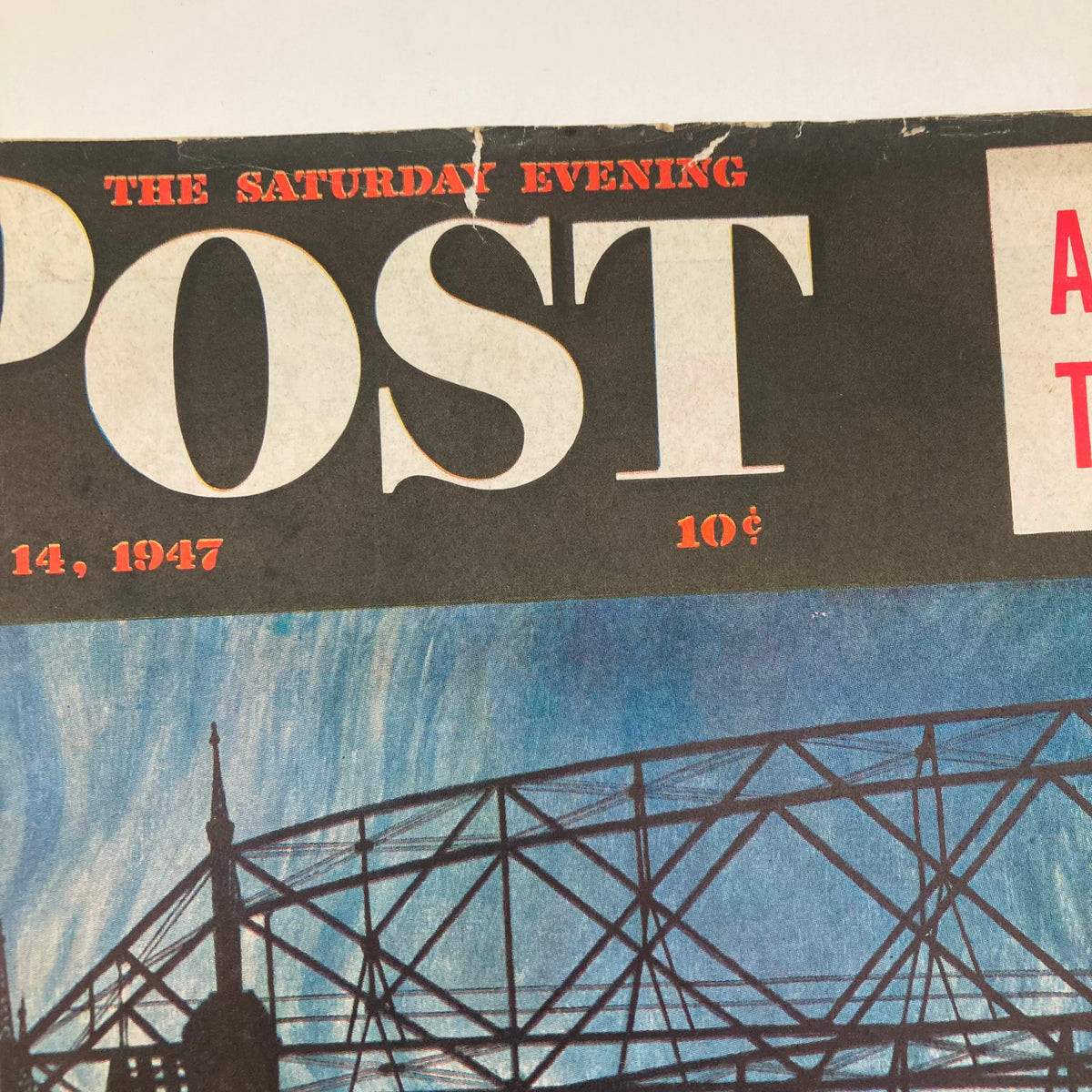 Close-up of the Saturday Evening Post Magazine June 14 1947 cover, highlighting the title and date along with a portion of the captivating artwork by John Atherton.