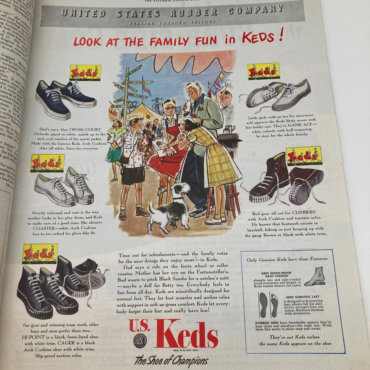 Advertisement in the Saturday Evening Post Magazine June 14 1947 for U.S. Keds, showcasing various styles of shoes and family fun activities, reflecting mid-20th century American culture.