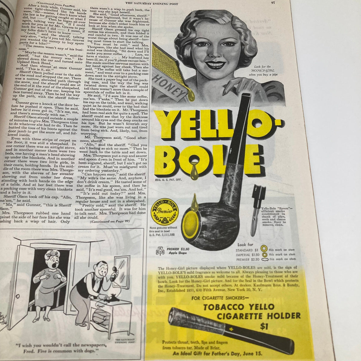 Advertisement for Yello-Bole Tobacco Pipe in the Saturday Evening Post Magazine June 14 1947, showcasing a smiling woman holding the product.