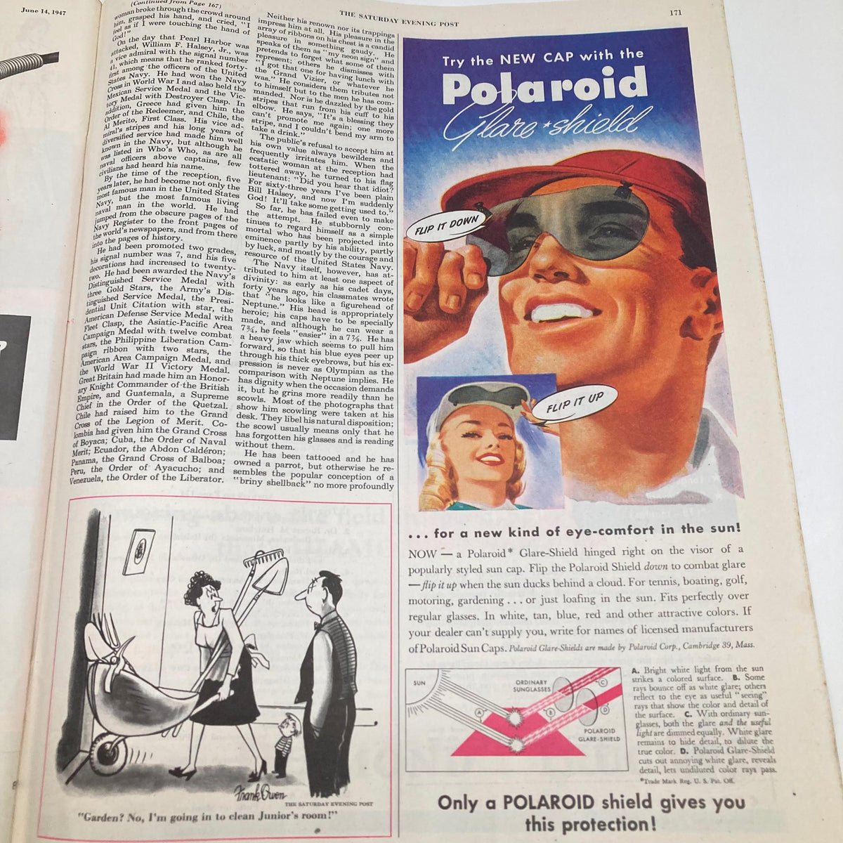 Advertisement for the Polaroid Glare Shield Cap in the Saturday Evening Post Magazine June 14 1947, featuring a handsome man trying on the cap and a woman complimenting him.