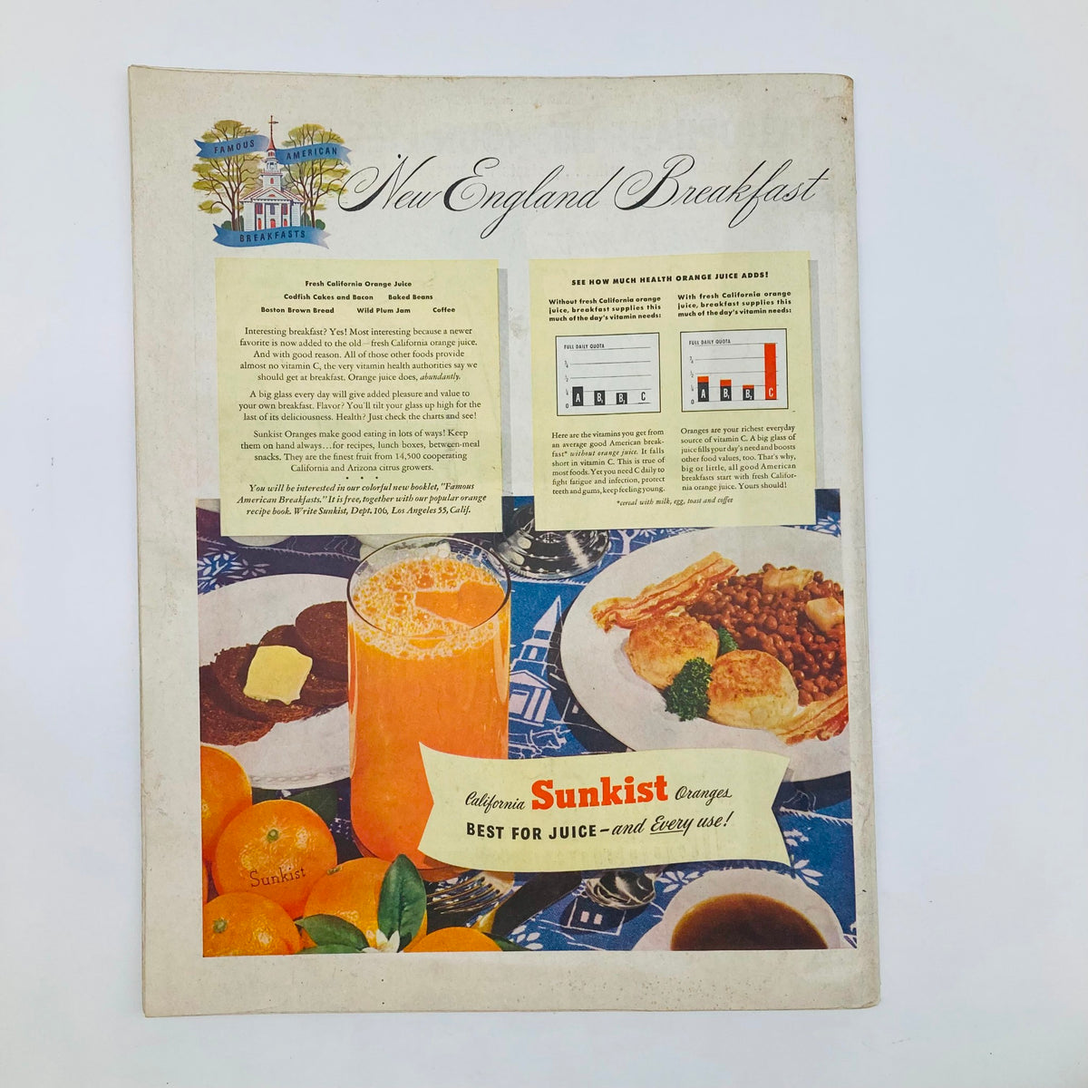 Advertisement for Sunkist Oranges in the Saturday Evening Post Magazine June 14 1947, displaying a healthy breakfast scene with orange juice and food items.