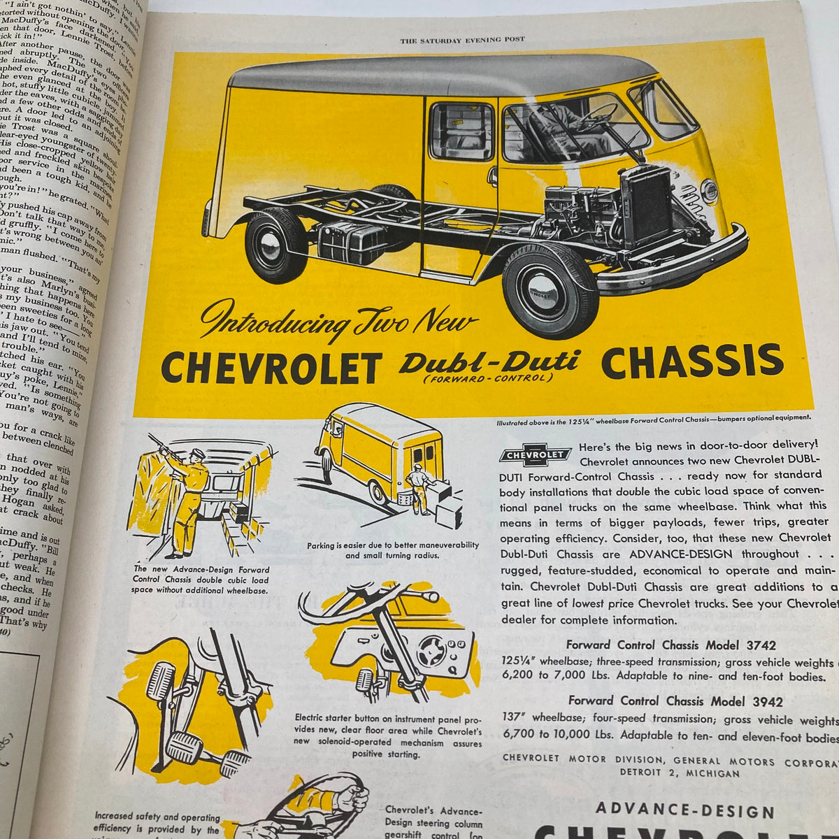 Advertisement for Chevrolet Dubl-Duti Chassis in the Saturday Evening Post Magazine July 17 1948, showcasing a truck design and features. Illustrated cover by John Atherton.
