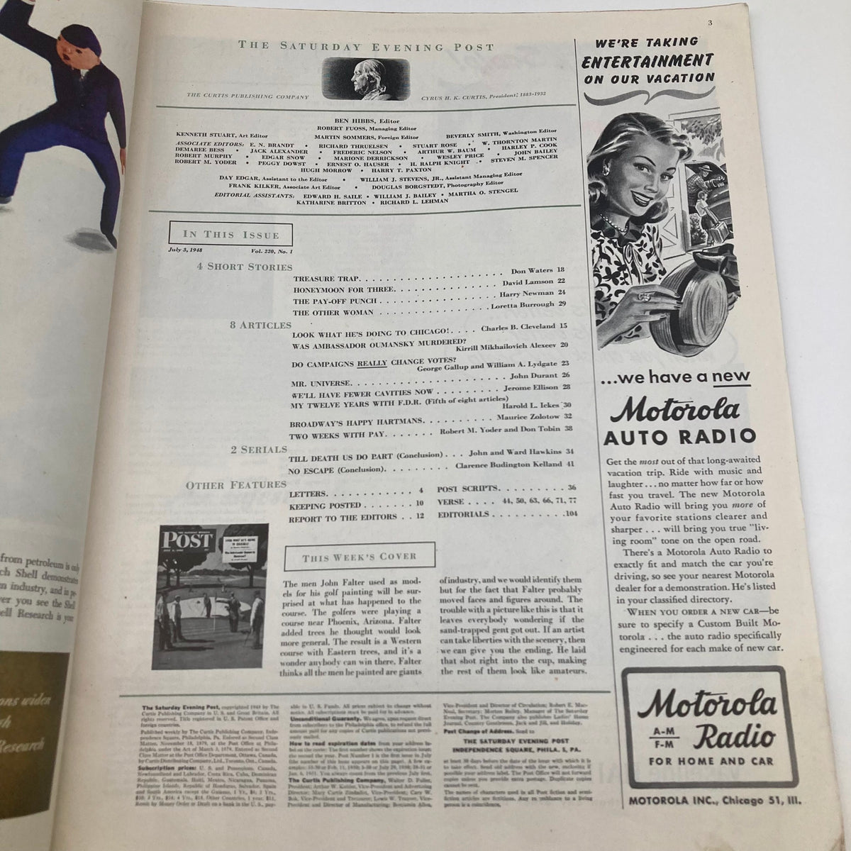 Inside page of the Saturday Evening Post Magazine July 3 1948 displaying the Table of Contents along with additional features including articles and advertisements.