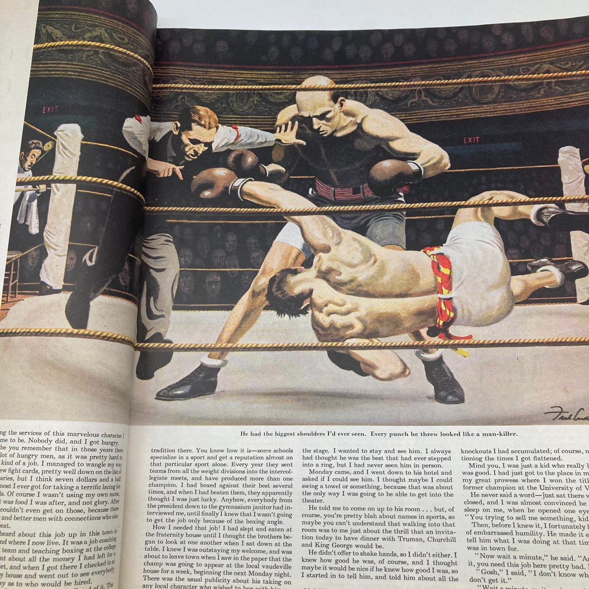 Boxing scene illustration with a fighter delivering a powerful punch, highlighting athleticism and intensity, featured in the Saturday Evening Post Magazine July 3 1948 John Falter Golf Painting Cover.