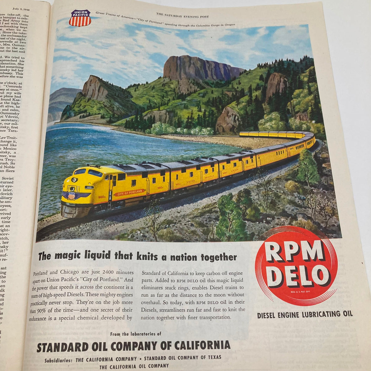 A colorful painting of a diesel train traveling through the Columbia Gorge, advertising RPM DELO engine oil, from the Saturday Evening Post Magazine July 3 1948 John Falter Golf Painting Cover.