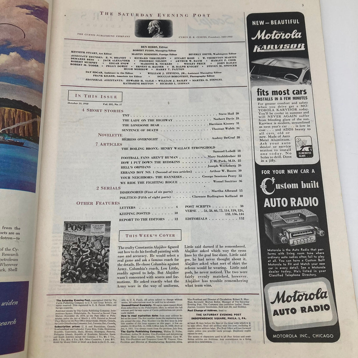 Interior page of the Saturday Evening Post Magazine dated October 23, 1948, showcasing the table of contents alongside advertisements and articles.