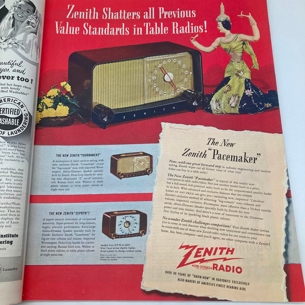 Vintage advertisement for Zenith radios featured in the Saturday Evening Post Magazine dated October 23, 1948, highlighting various models and their specifications.