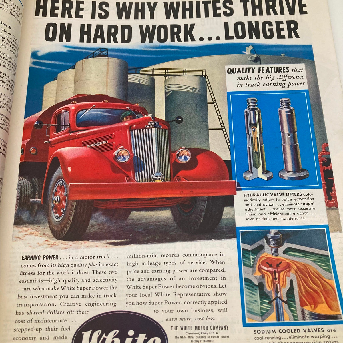 Vintage advertisement featuring a red White Motor Company truck, emphasizing truck performance and quality features, from the Saturday Evening Post Magazine March 12 1949.