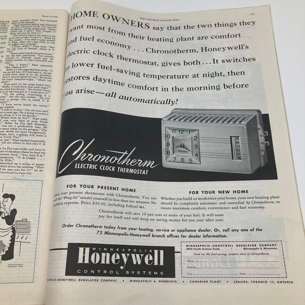 Advertisement for Honeywell's Chronotherm Electric Clock Thermostat, promoting convenience and energy saving for home heating, from the Saturday Evening Post Magazine March 12 1949.